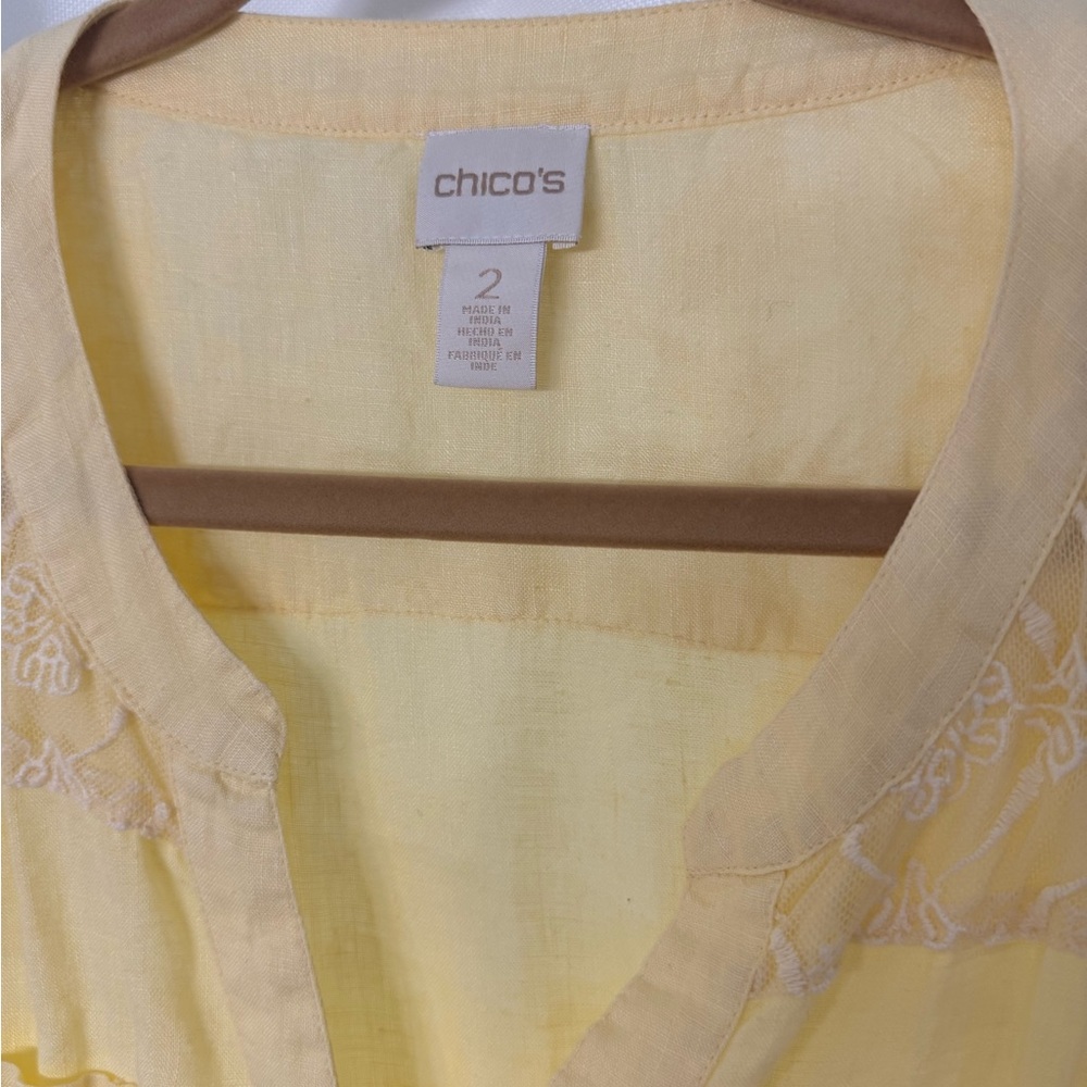 Chico's Tunic Top Yellow Linen Button Up Roll Tab Sleeve Size 2 (L, 12) - Picture 3 of 7